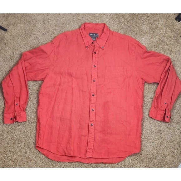 Eddie Bauer 100% Linen Long Sleeve Button Up Shirt Mens Large (XL) Burnt Orange - Picture 1 of 9